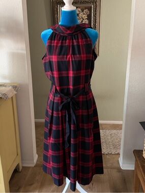 1901 Black and Red Plaid Sleeveless Midi Dress with Tie Waist